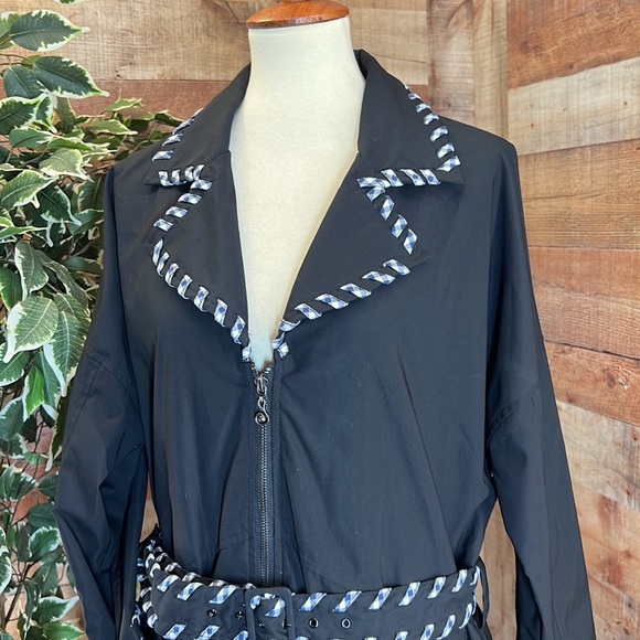 SAMUEL DONG Black Trench Coat with Plaid Trim - Picture 2 of 15